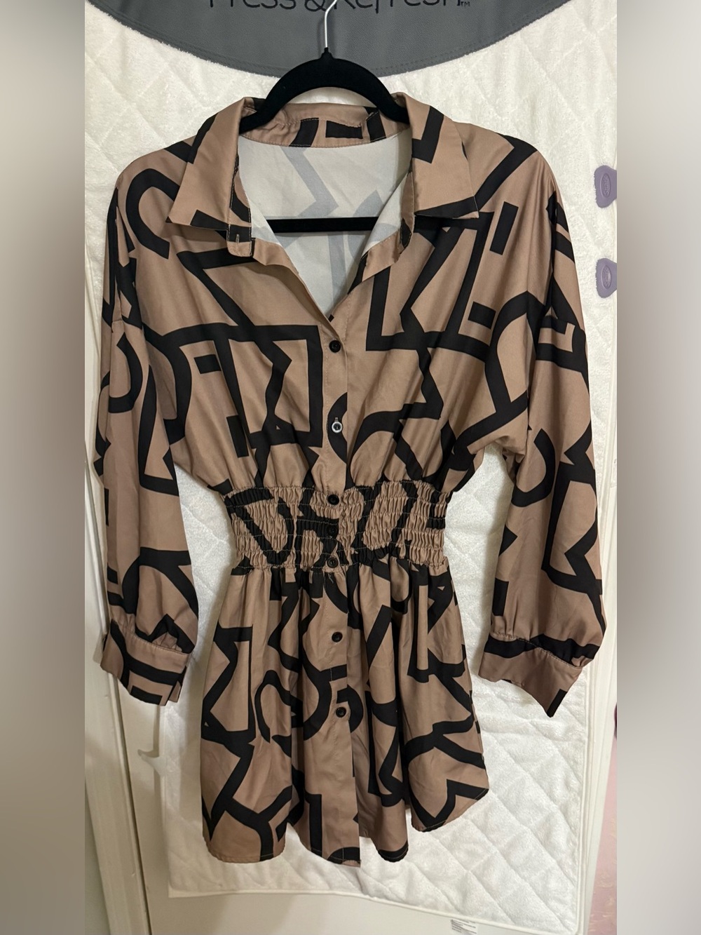 Tan and Black Printed Shirtdress with Smocked Waist
